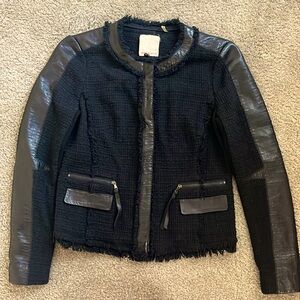 Rebecca Taylor Wool Blend Tweed Blazer Jacket Moto Genuine Leather Details